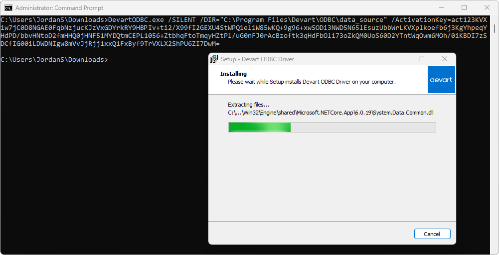 Command Prompt showing the command for silent installation and activation using a key, and the ODBC driver installer window.