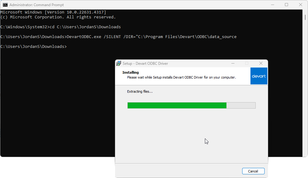 Command Prompt showing the silent installation command, and the ODBC driver installer window.