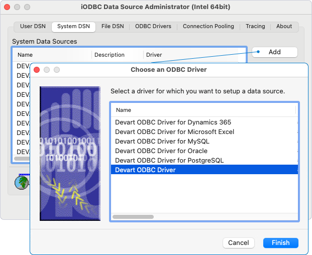 The Choose an ODBC Driver dialog opened in iODBC Administrator.