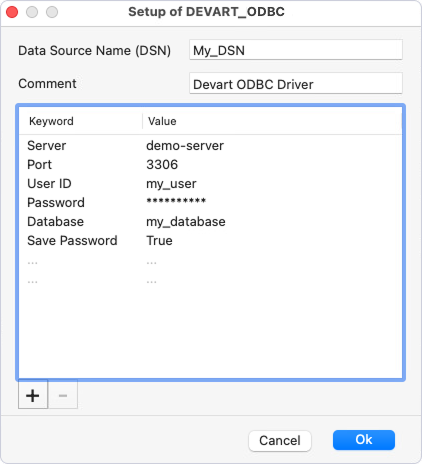 The ODBC driver Setup dialog.