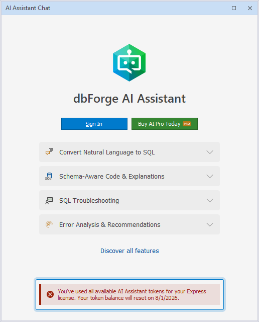 Displaying a message that the tokens on the Express license are used up