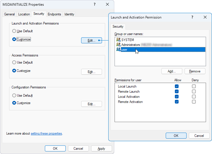 Launch and Activation Permissions settings within MSDAINITIALIZE properties.
