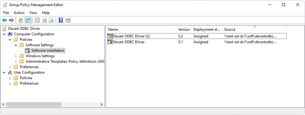 Group Policy Management Editor showing Computer Configuration with Software installation selected and two driver packages in the right pane.