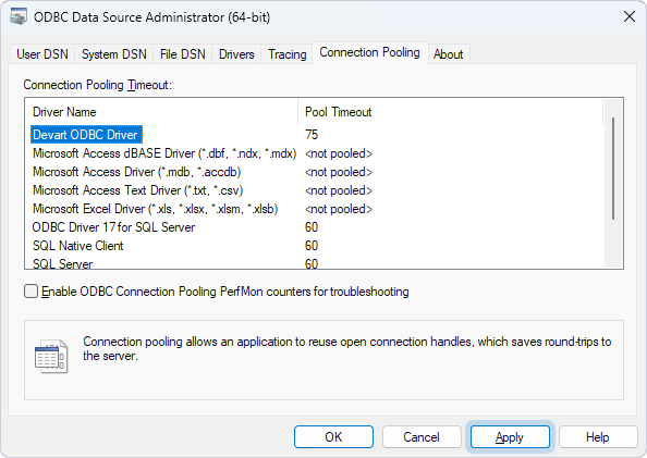 ODBC Data Source Administrator showing the changed Pool Timeout value