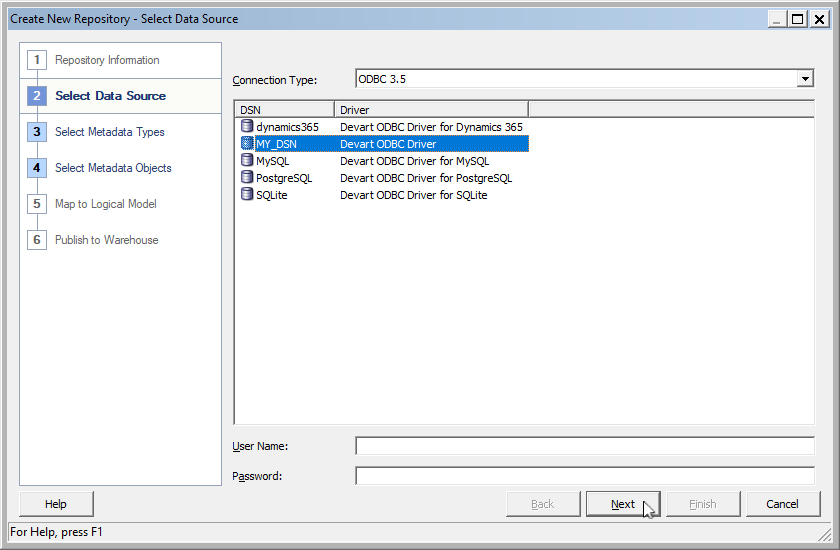 Select the previously configured DSN