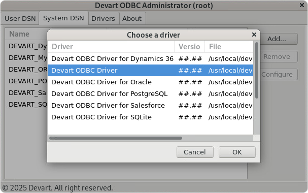 Create a DSN on Linux: choose a driver