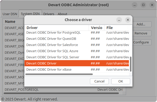 Create a DSN on Linux: choose a driver