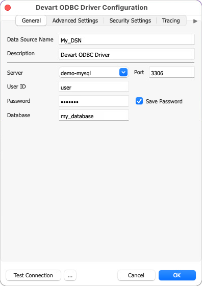 Create a DSN on macOS: connection parameters