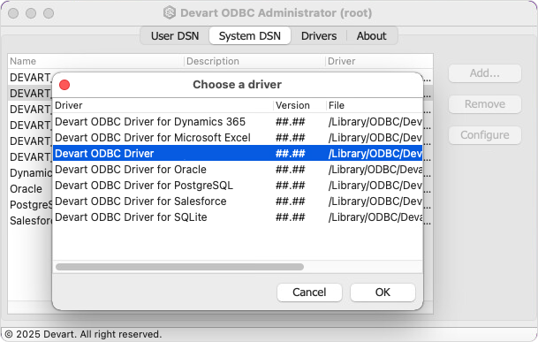Create a DSN on macOS: choose a driver