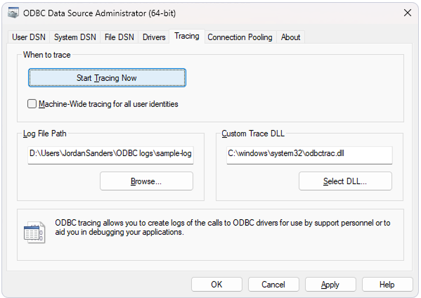 ODBC Data Sources Administrator: Tracing tab