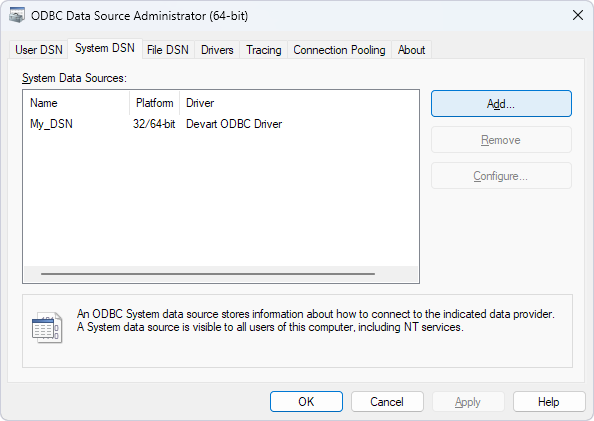 Open the ODBC Data Source Administrator