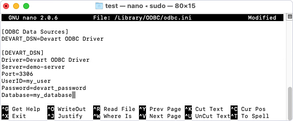 The odbc.ini file opened in a text editor with entered DSN configuration details.