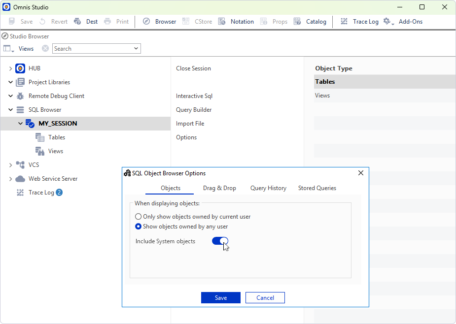 Omnis Studio SQL Object Browser Options dialog with the selected Include System objects option