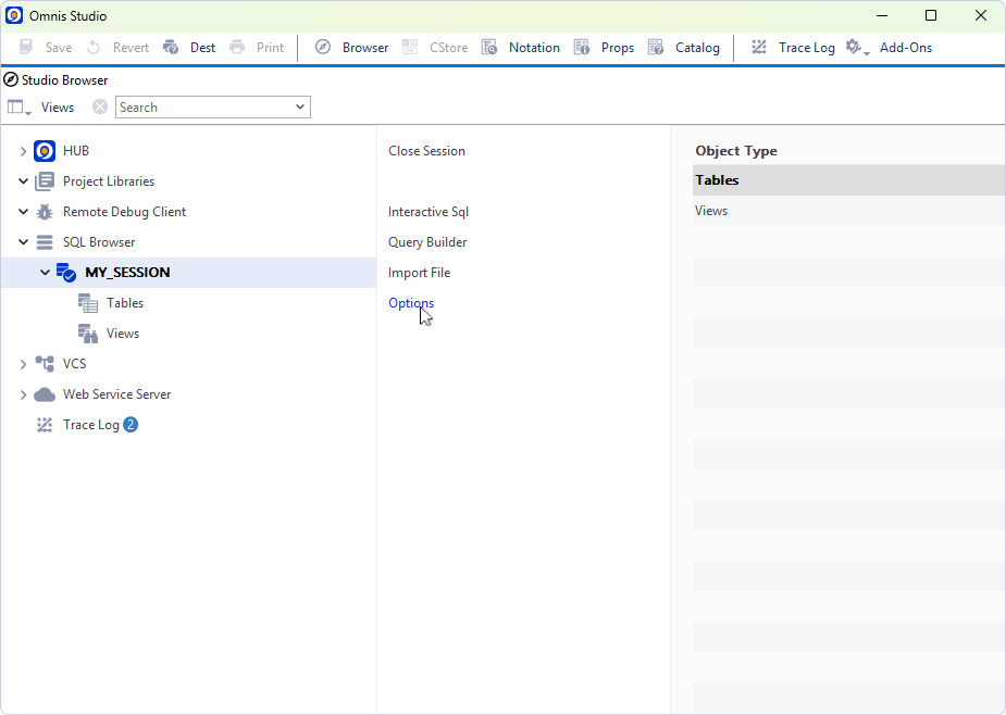 Omnis Studio SQL Browser showing a session, with the Options link visible in the Session Manager panel