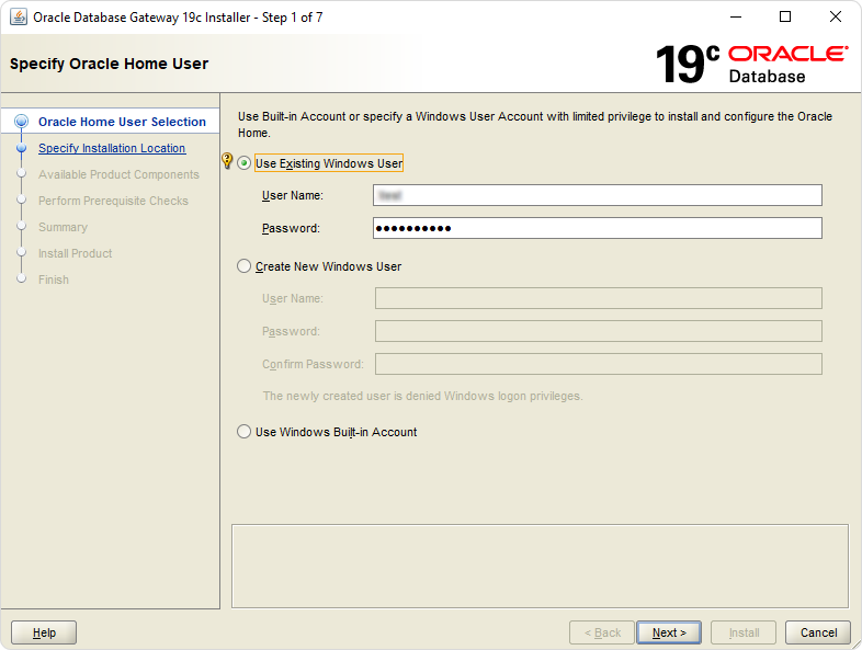 Specify Oracle Home User page of the Oracle Database Gateway Installer wizard