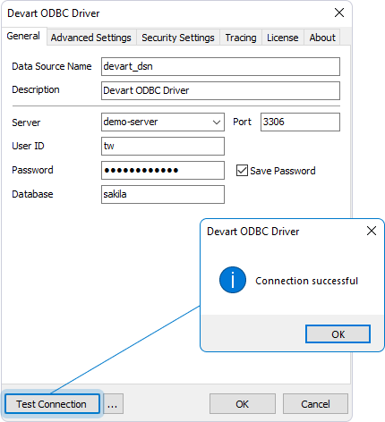 Devart ODBC Driver successful connection