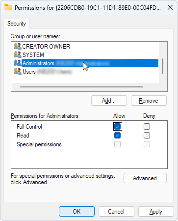 Permissions for the key with the Full Control checkbox selected for Administrators.