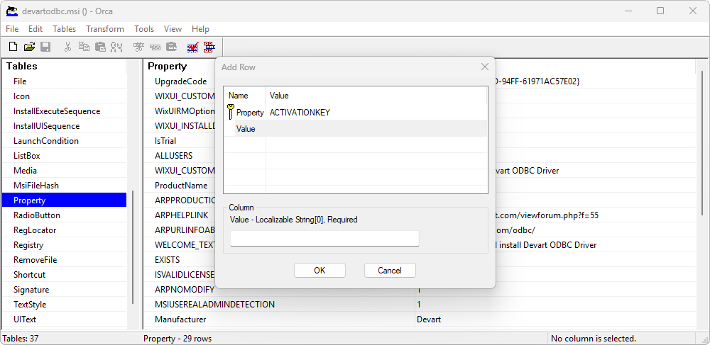 Add property to an MST file using Orca