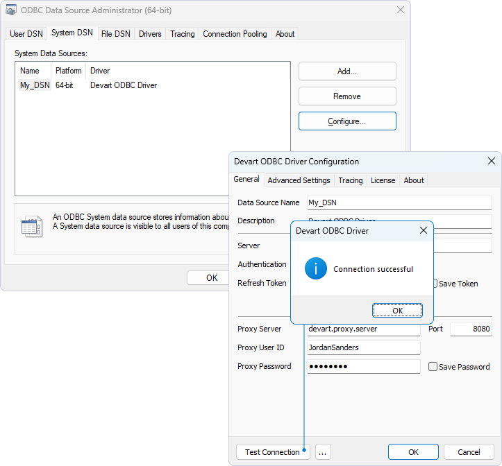 Devart ODBC Driver Configuration dialog with specified proxy settings