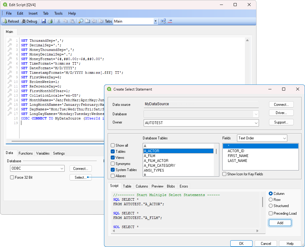 The Create Select Statement dialog with selected tables and fields