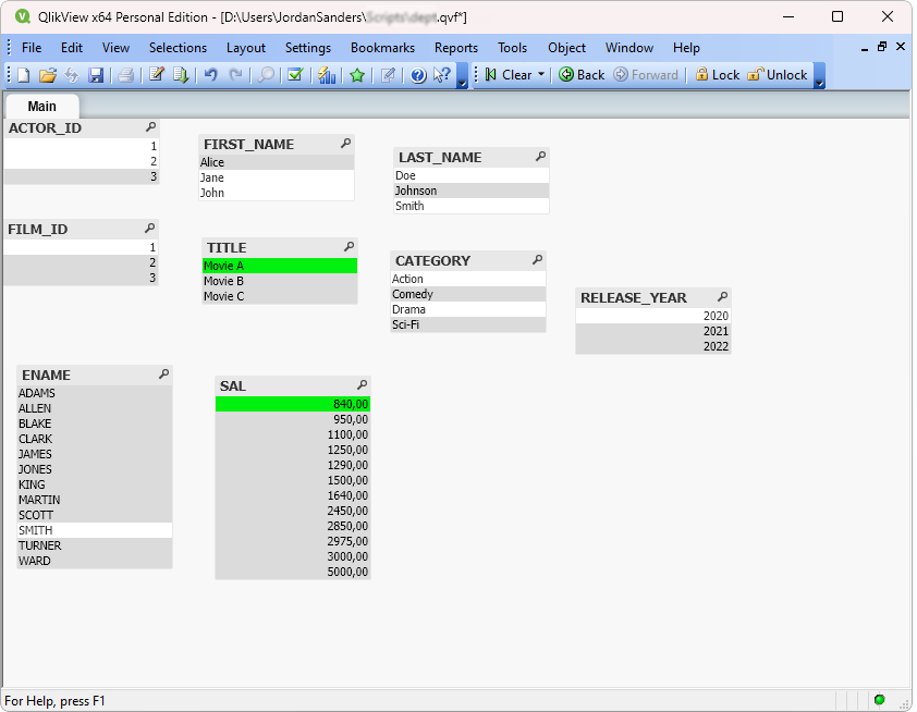 A sheet with fields from the data source displayed as list boxes