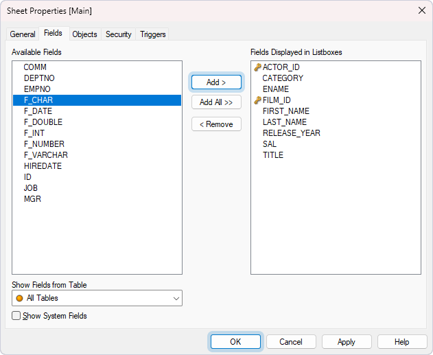 The Sheet Properties dialog with selected fields to be displayed as list boxes