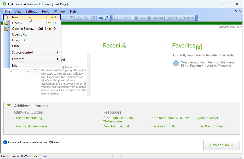 The Start page with the expanded File menu