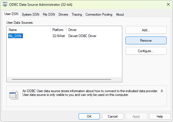 ODBC Data Source Administrator window, with the ODBC driver selected and the Remove button highlighted.