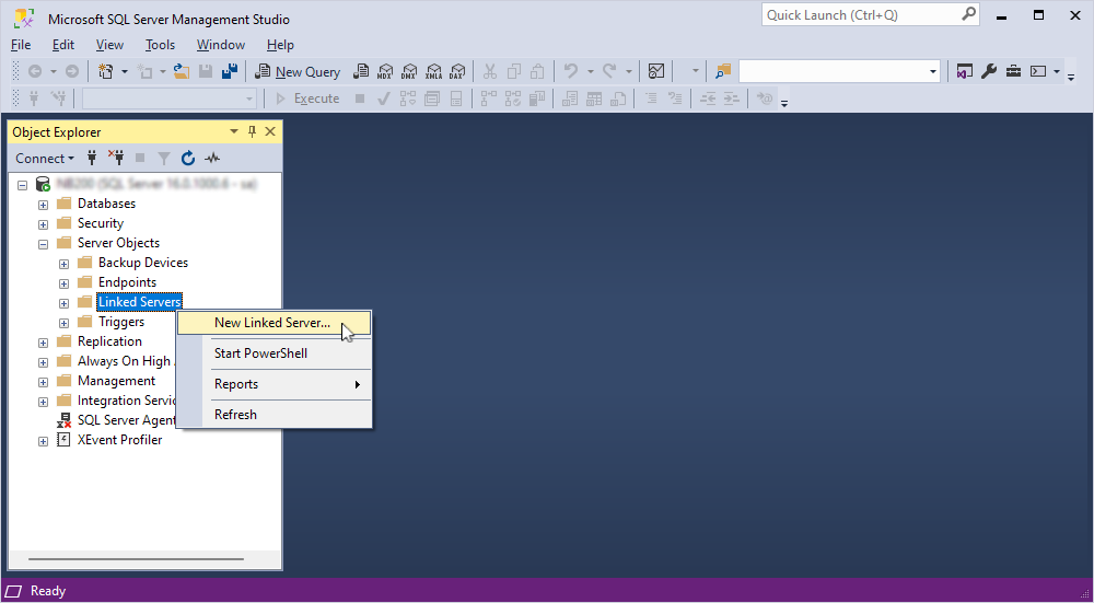 The Object Explorer pane with expanded Server Objects