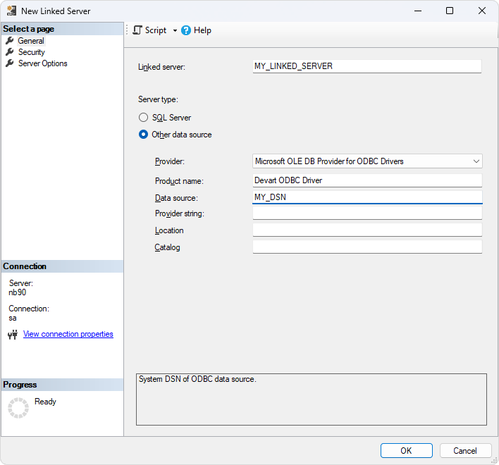 The New Linked Server dialog with fields filled in