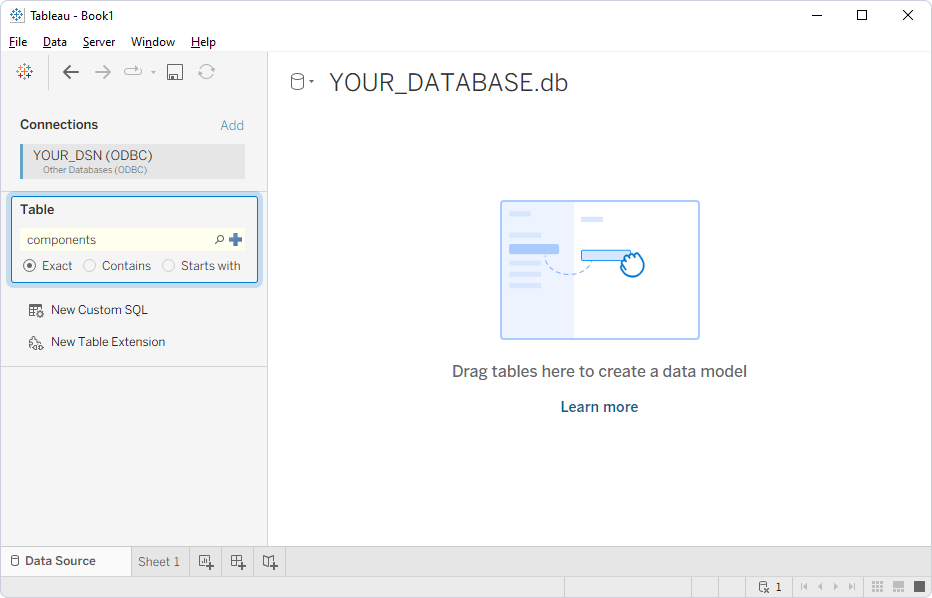 The Data Source page with the added connection