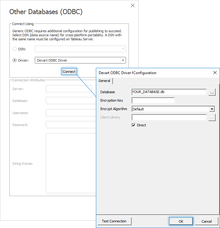 The Other Databases (ODBC) and Devart ODBC Driver Configuration dialogs