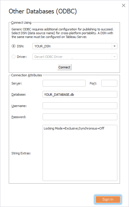 The Other Databases (ODBC) dialog with the active Sign In button