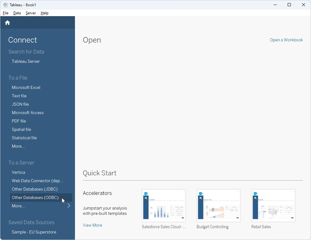 The Start page in Tableau Desktop