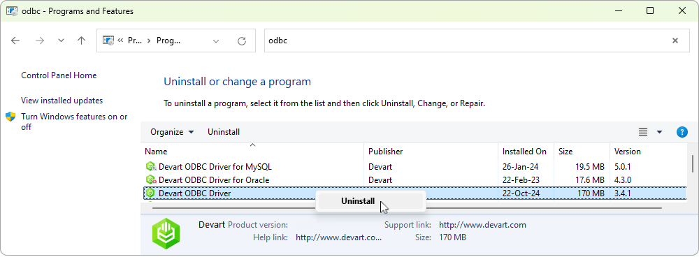 Programs and Features window, with the ODBC driver selected and the Uninstall option highlighted.