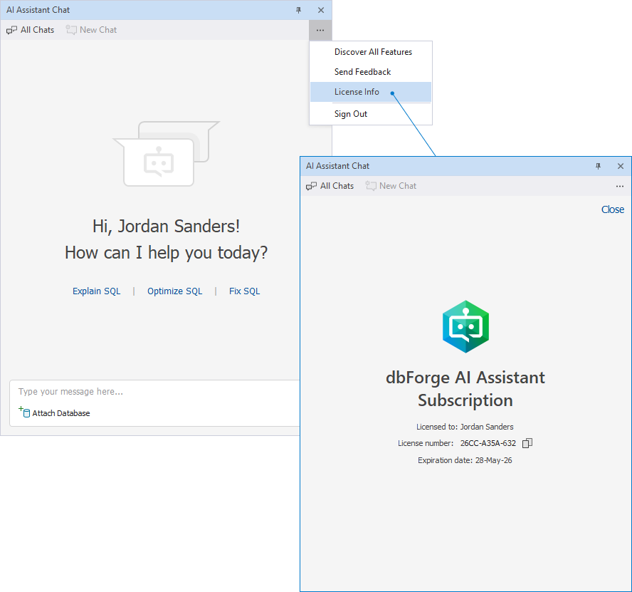 View license info about dbForge AI Assistant