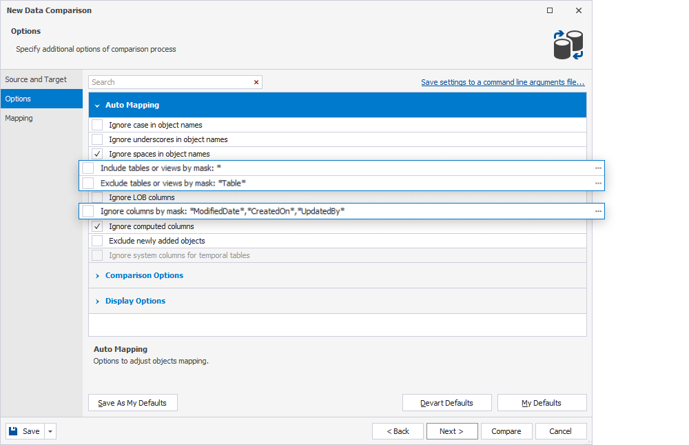 Filter database objects and data using Auto Mapping options