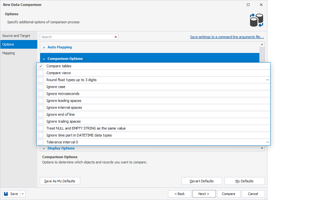 Filter database objects and data using comparison options