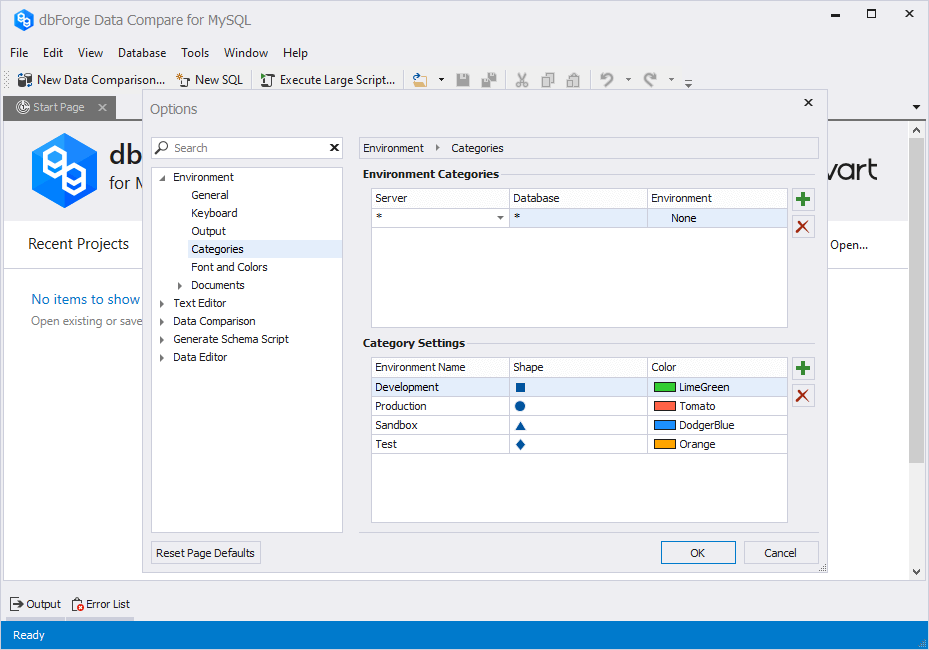 Connection categories - options