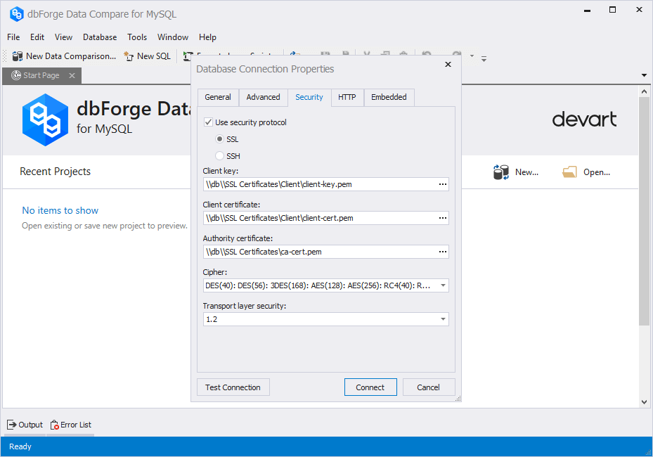 SSL connection - Security tab