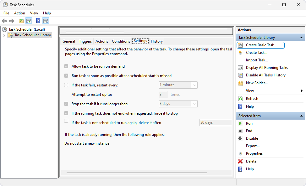 Click Create Basic Task in Windows Task Scheduler