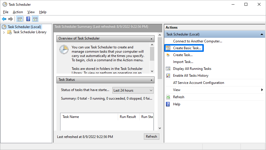 Click Create Basic Task in Windows Task Scheduler