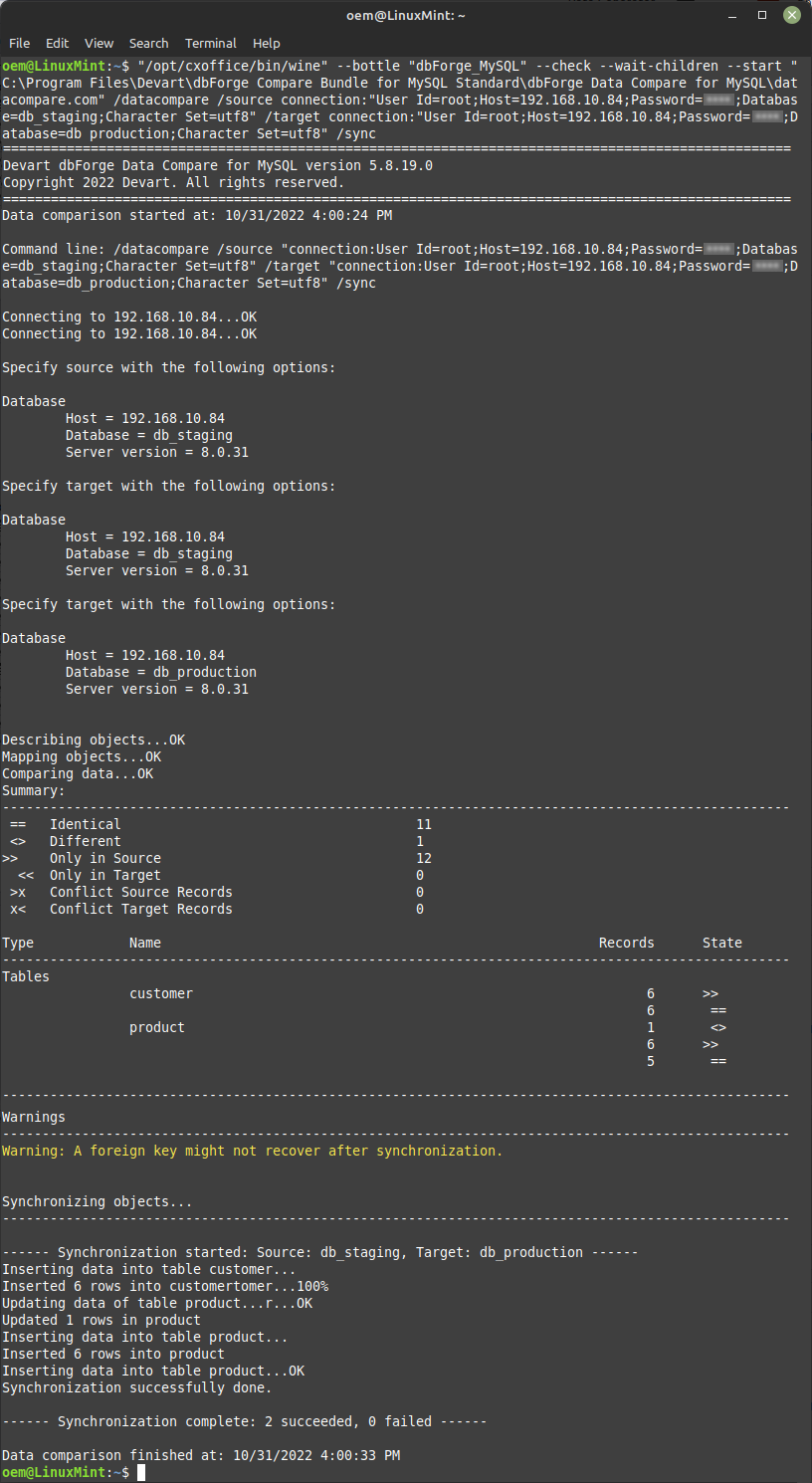 Data compare from CLI