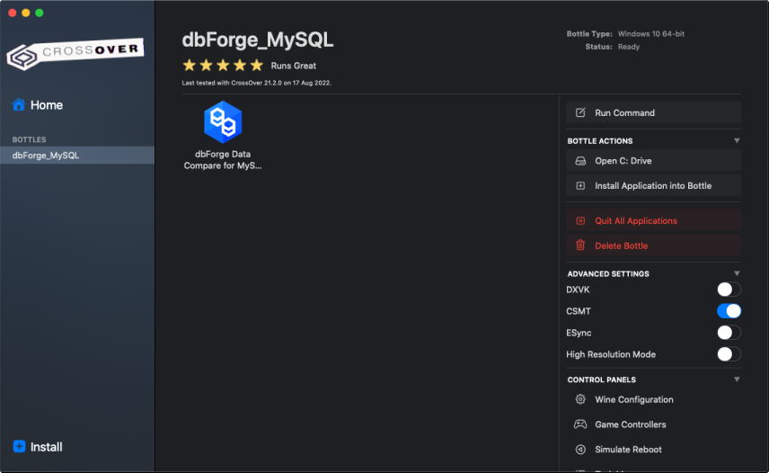 dbForge Data Compare for MySQL installed in the bottle