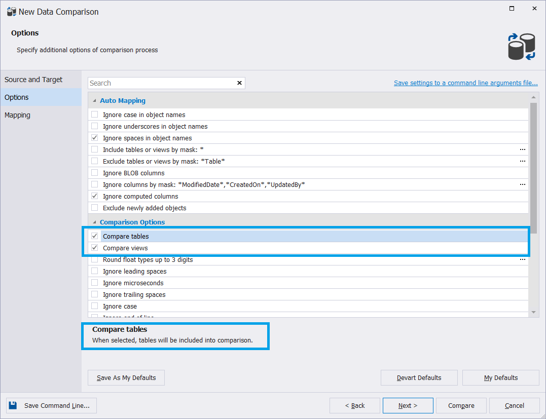 Exclude tables option