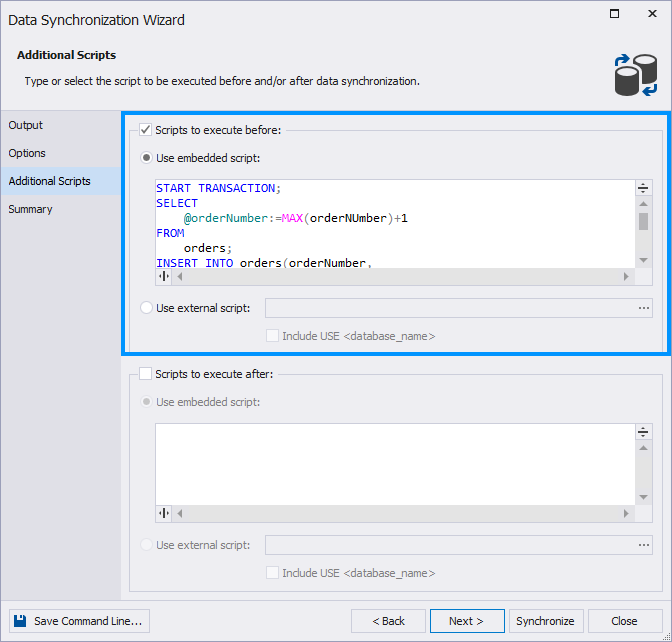 Insert scripts to be used before schema synchronization