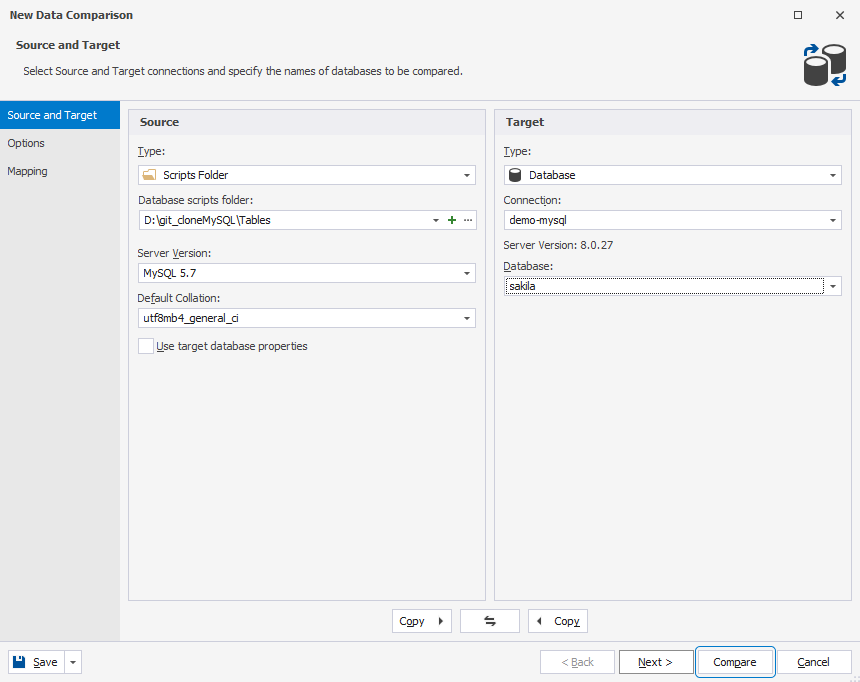 Set up source and target schema comparison options