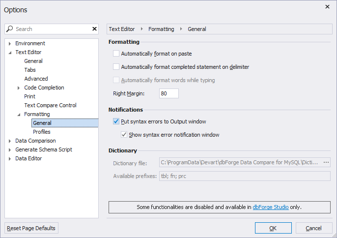 Options for SQL formatting window