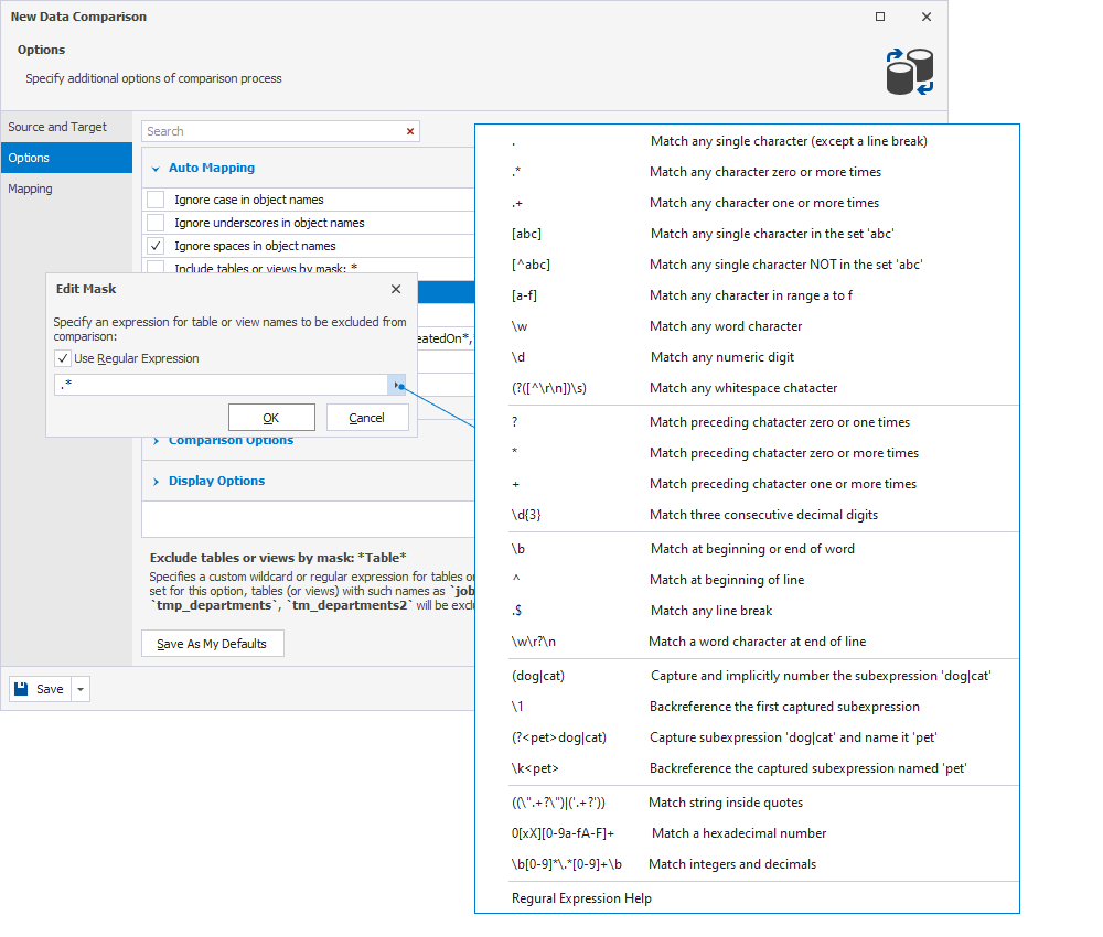 Filter database objects by Regular Expressions