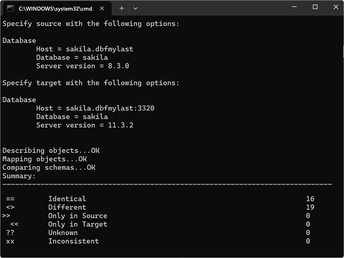 Compare source and target databases from the command line